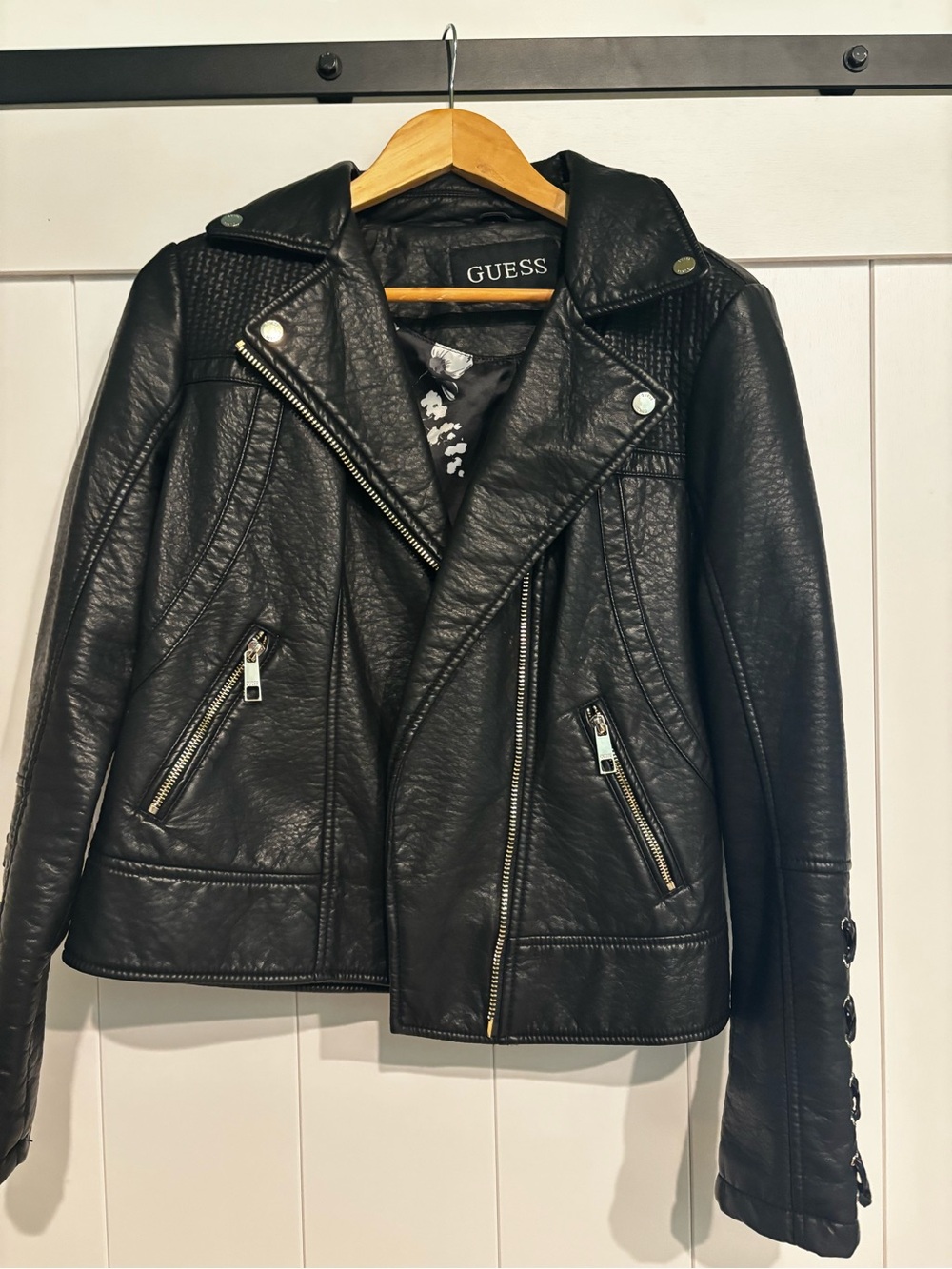 GUESS Black Faux Leather Moto Jacket with Quilted Trim